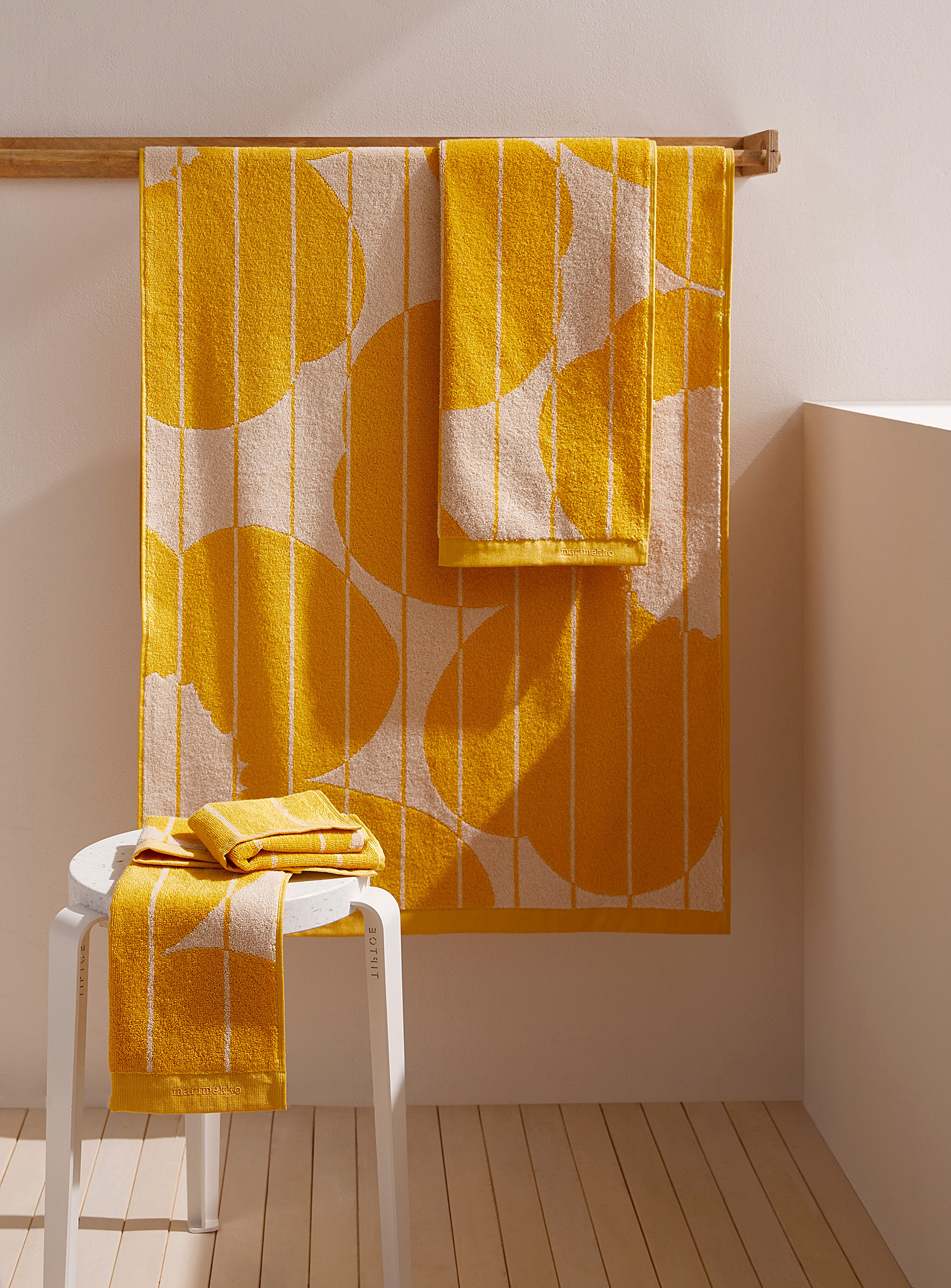 Marimekko Unikko Yellow Flowers Striped Towels In Patterned Yellow