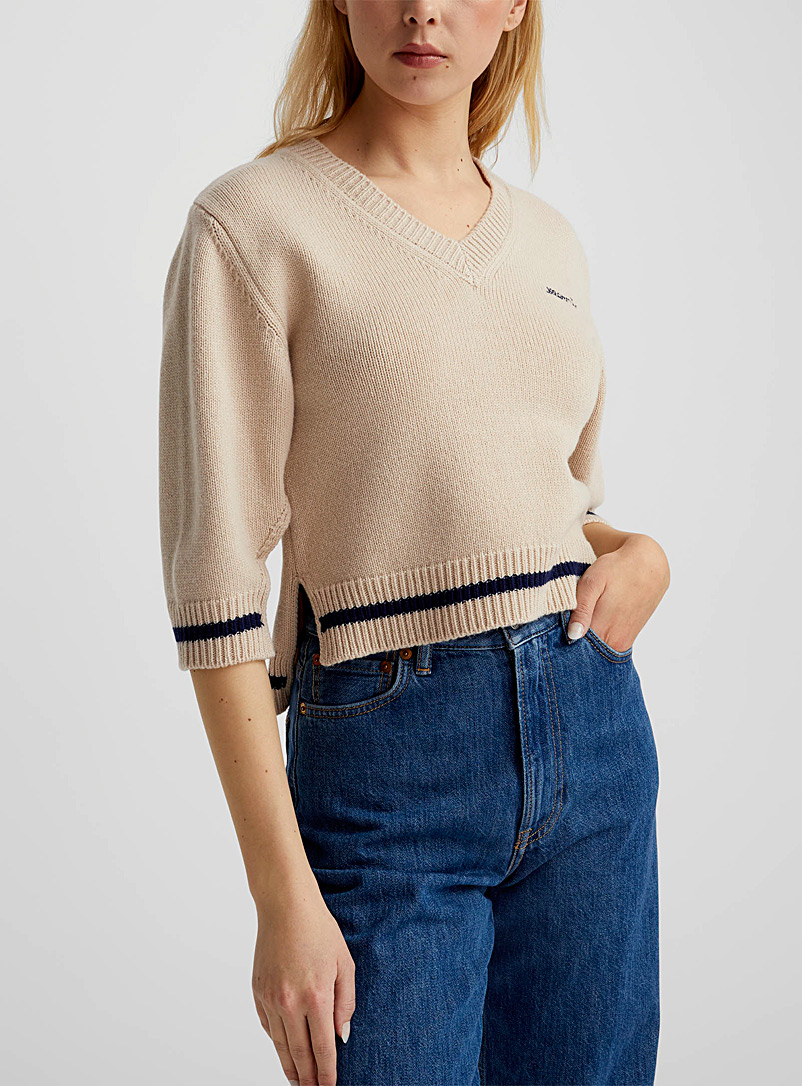 MARNI White Blue stripe cropped sweater for women