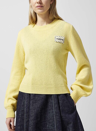 MARNI Corn/Vanilla Yellow Embroidered patch pure cashmere sweater for women