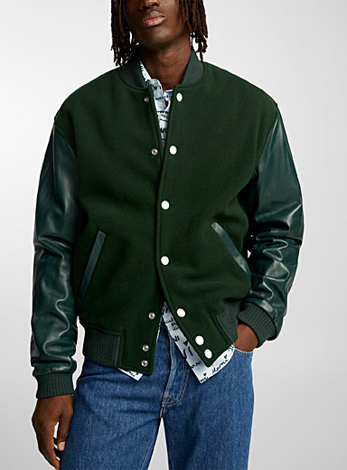 MARNI Green Leather sleeves varsity jacket for men