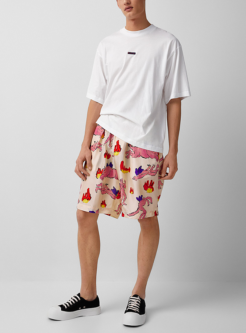 MARNI Cream Beige Illustrated silky Bermuda shorts for men