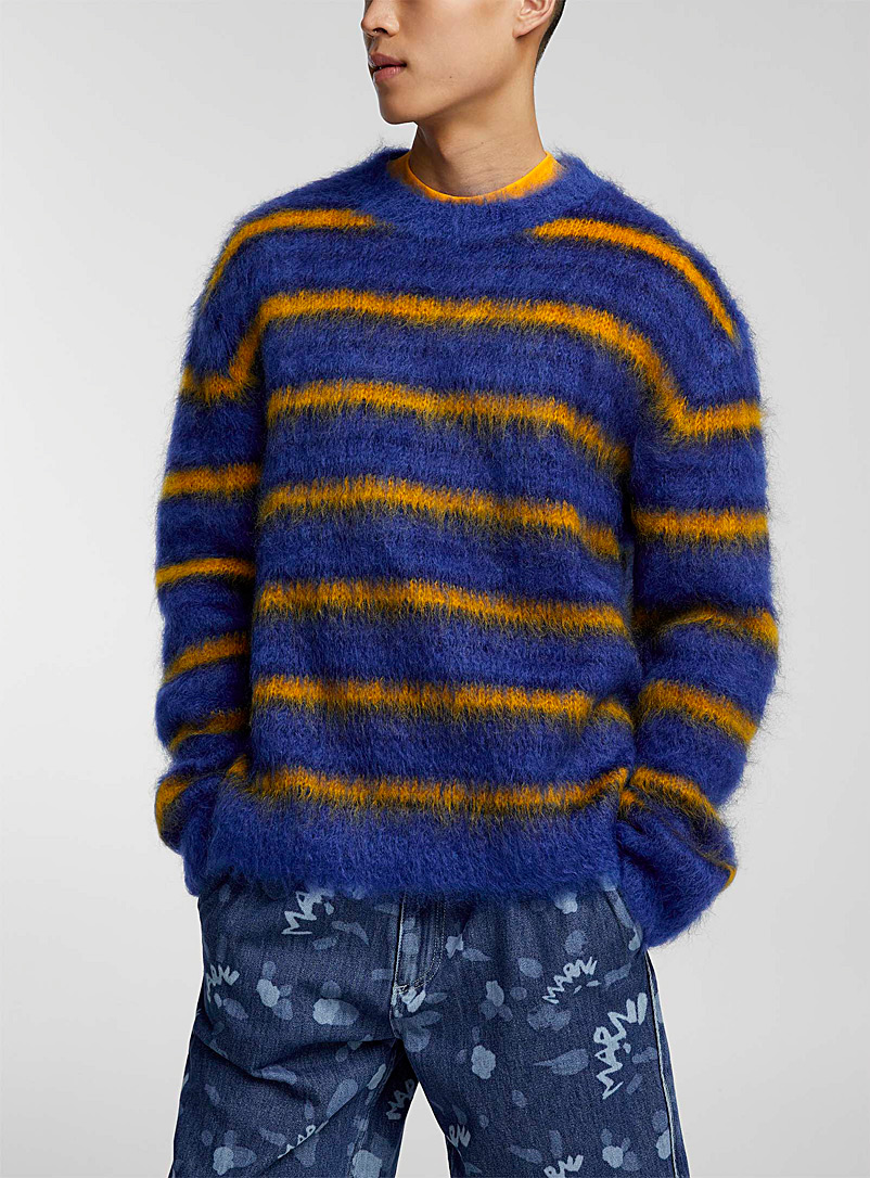 MARNI Blue Horizontal stripes brushed mohar sweater for men