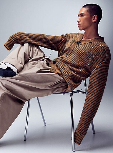 MARNI Brown Studs and eyelets striped cardigan for men