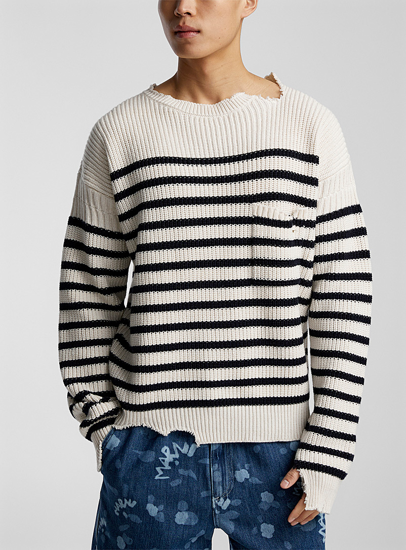MARNI Ivory/Cream Beige Distressed striped sweater for men
