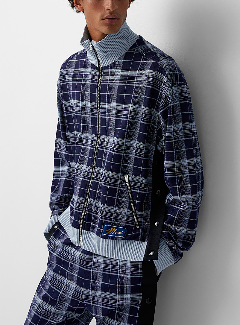 MARNI Marine Blue Checkered zippered cardigan-jacket for men