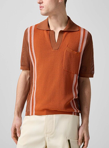 MARNI Copper/Rust Colour blocks Johnny collar crocheted polo shirt for men