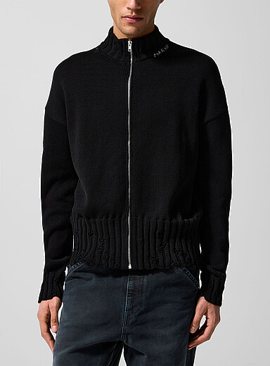 MARNI Black Distressed details mock-neck zippered cardigan for men