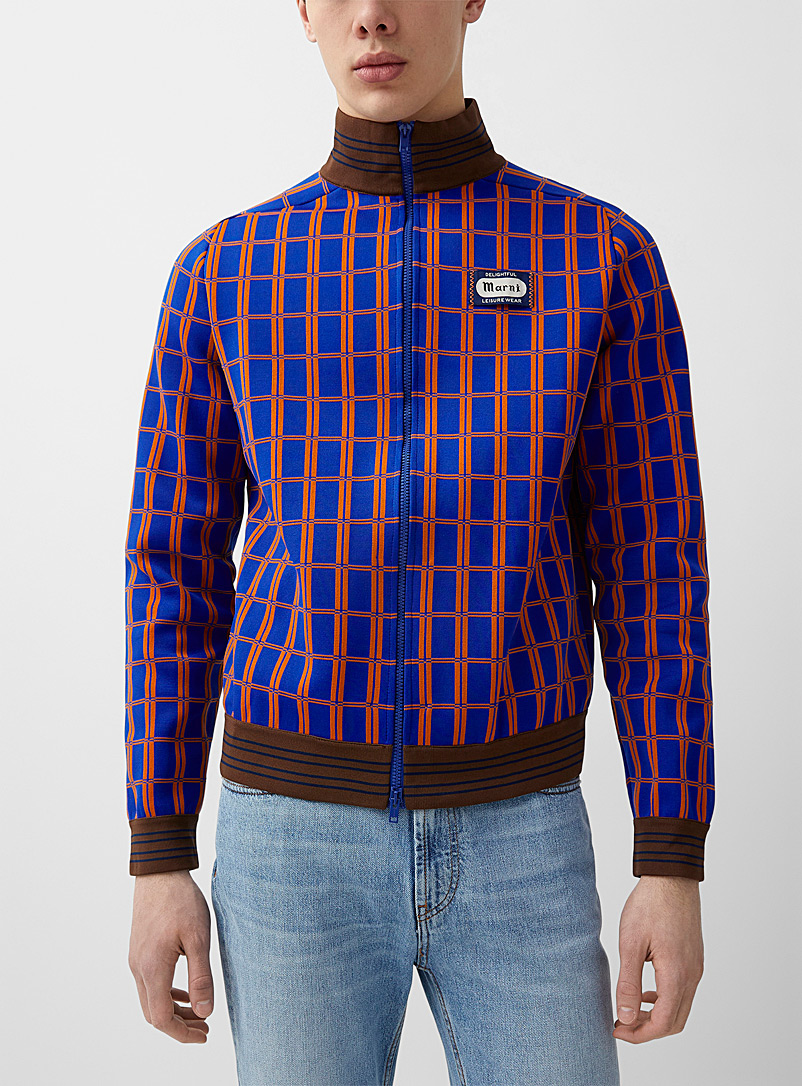 MARNI Blue Checkered jacquard zip-up cardigan for men