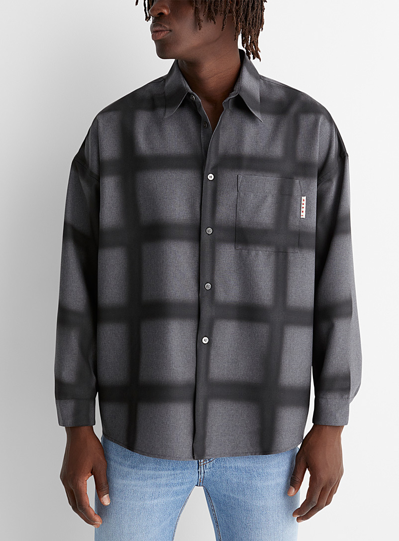MARNI Grey Tie-dye checkered pure wool shirt for men