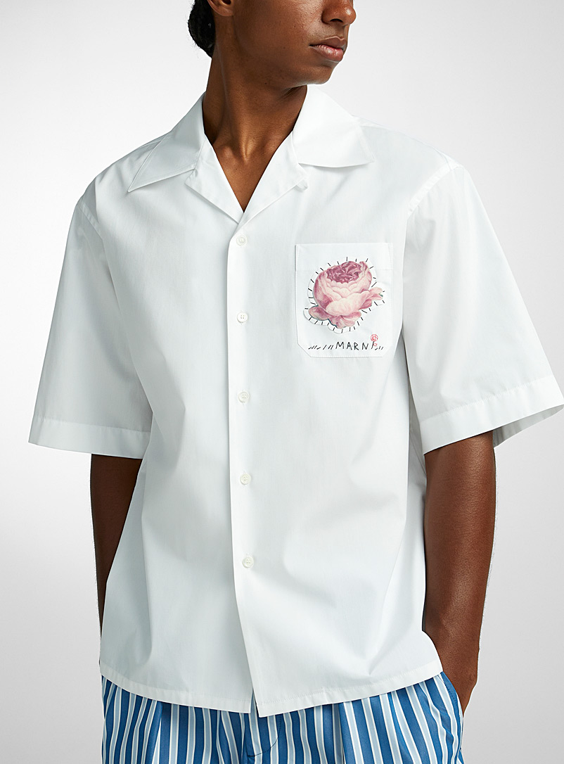 MARNI White Compact poplin patch flower shirt for men