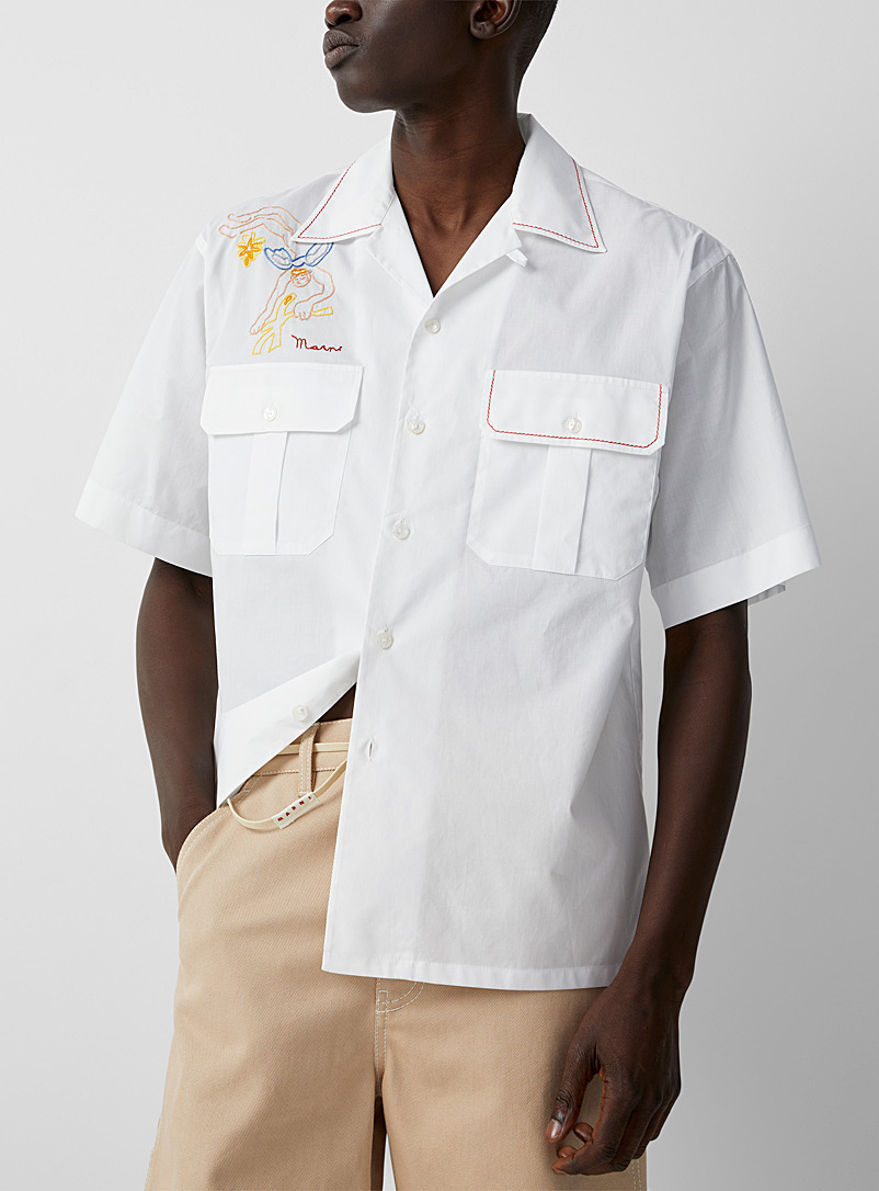 MARNI White Embroidered character poplin shirt for men
