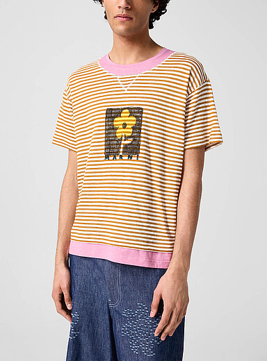 MARNI: Le t-shirt ray&eacute; effet superpos&eacute; Jaune &agrave; motifs pour homme