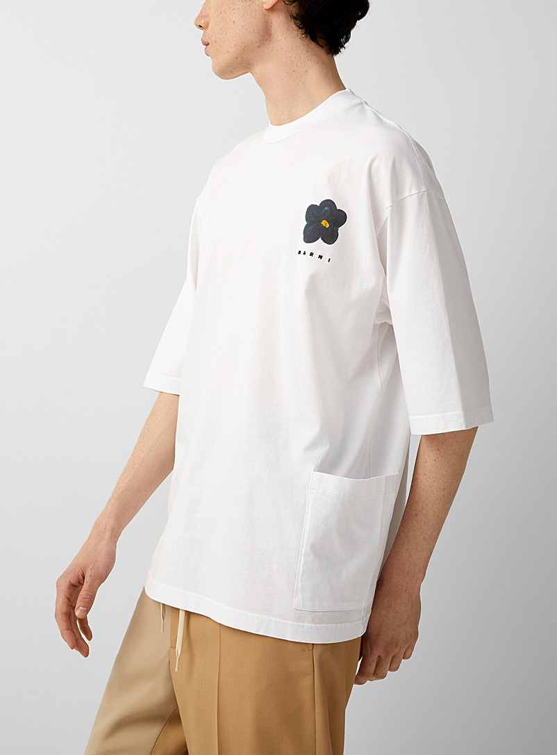 MARNI White Paint-effect flower T-shirt for men