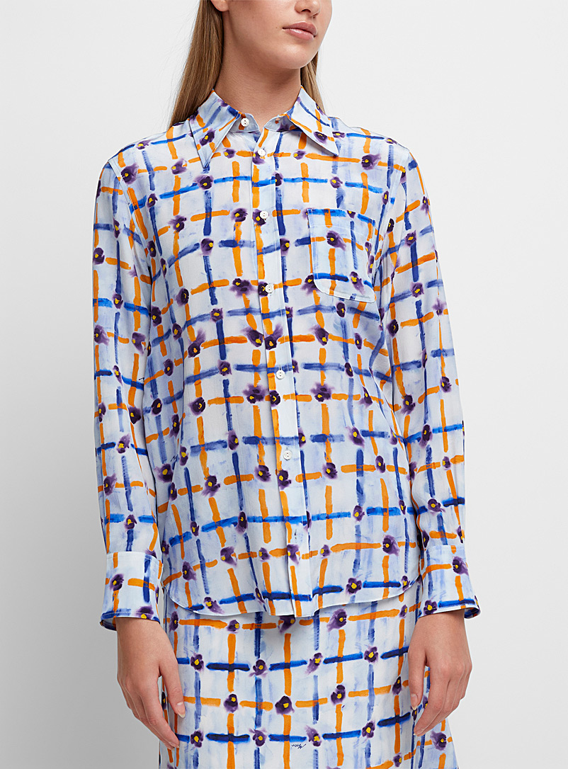 MARNI Patterned Blue Flowery checkers pure silk blouse for women