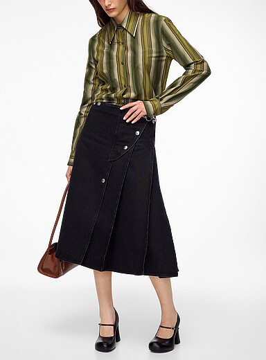 Pleated denim wraparound midi skirt