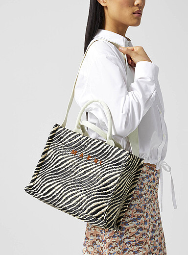 MARNI Black Little striped straw tote for women