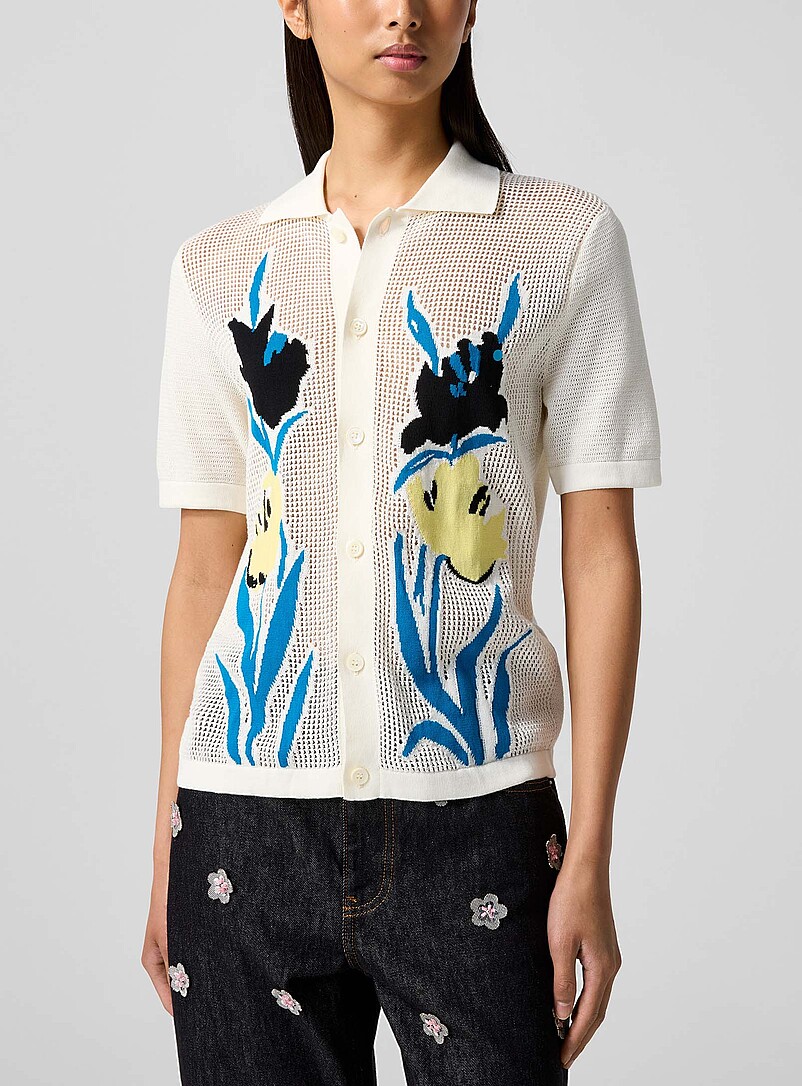 Floral Motif Short-Sleeve Openwork Cardigan