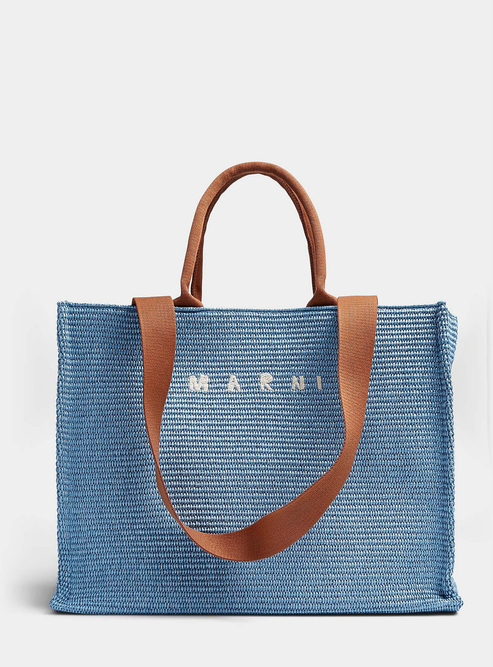 Marni Large East-west Raffia-effect Tote Bag In Gray
