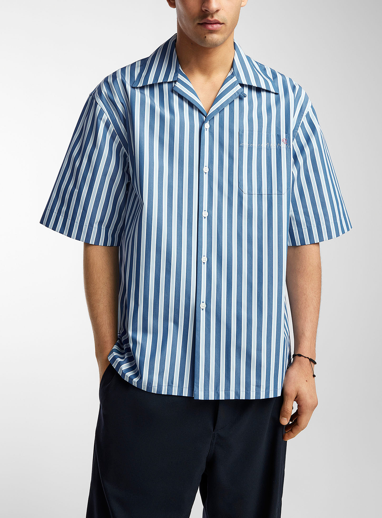 Shop Marni Compact Poplin Striped Shirt In Blue