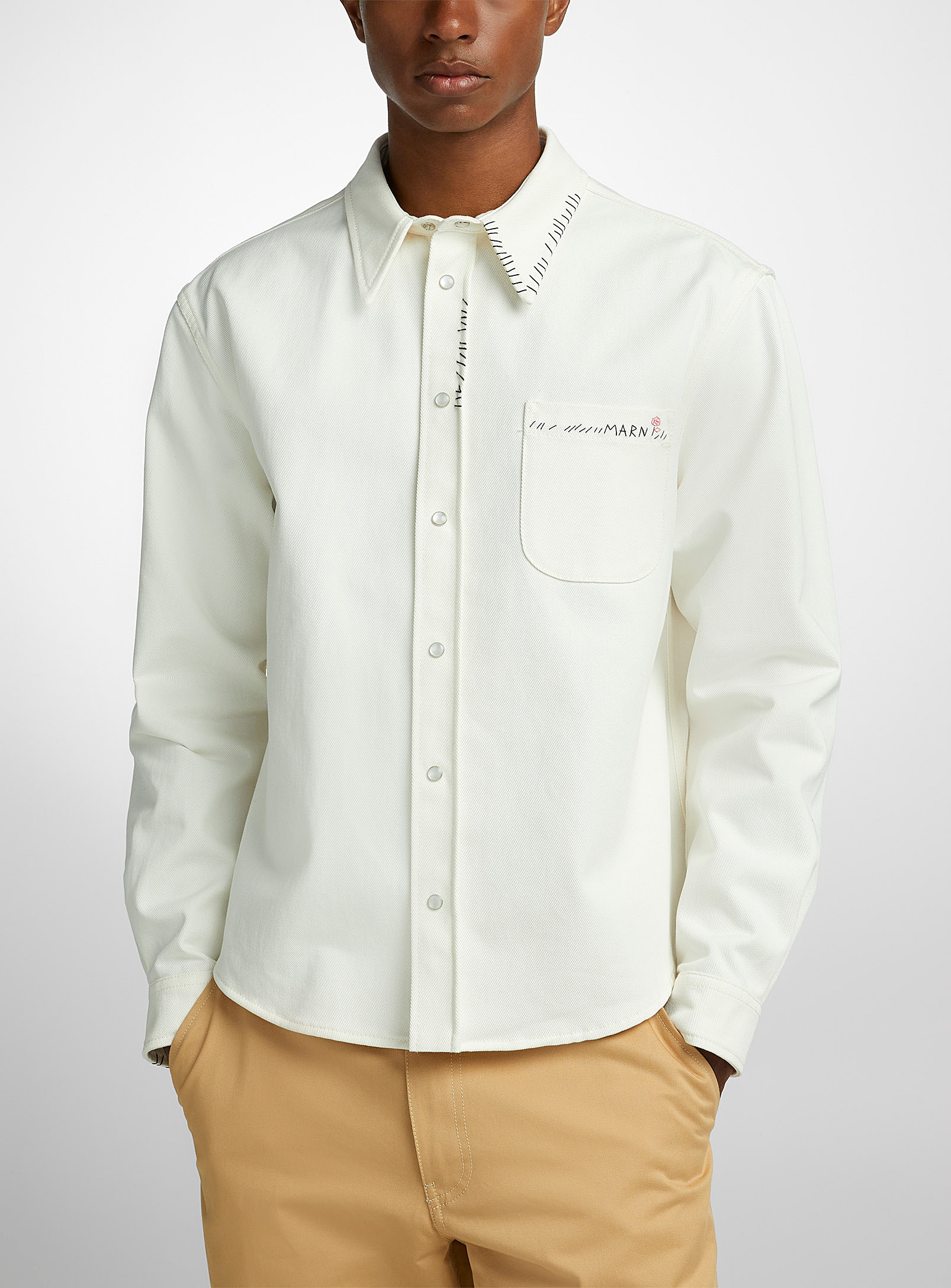 Shop Marni Accent Stitching White Denim Overshirt