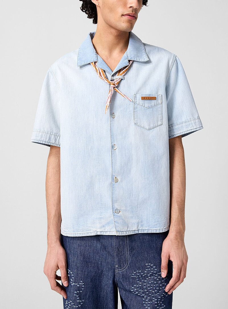 Built-In Scarf Faded Chambray Shirt