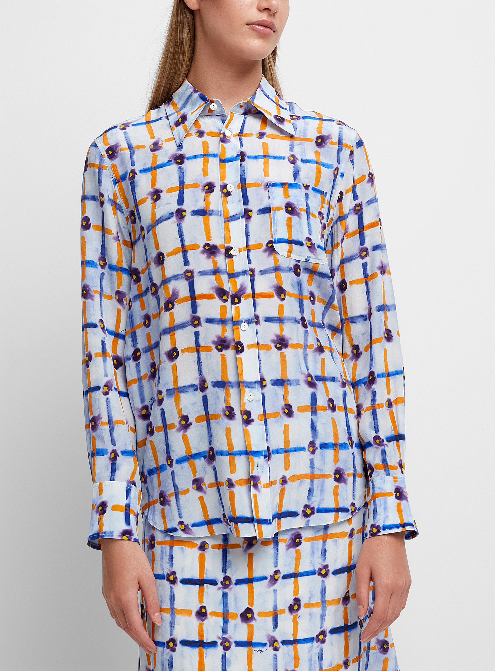 Shop Marni Flowery Checkers Pure Silk Blouse In Patterned Blue