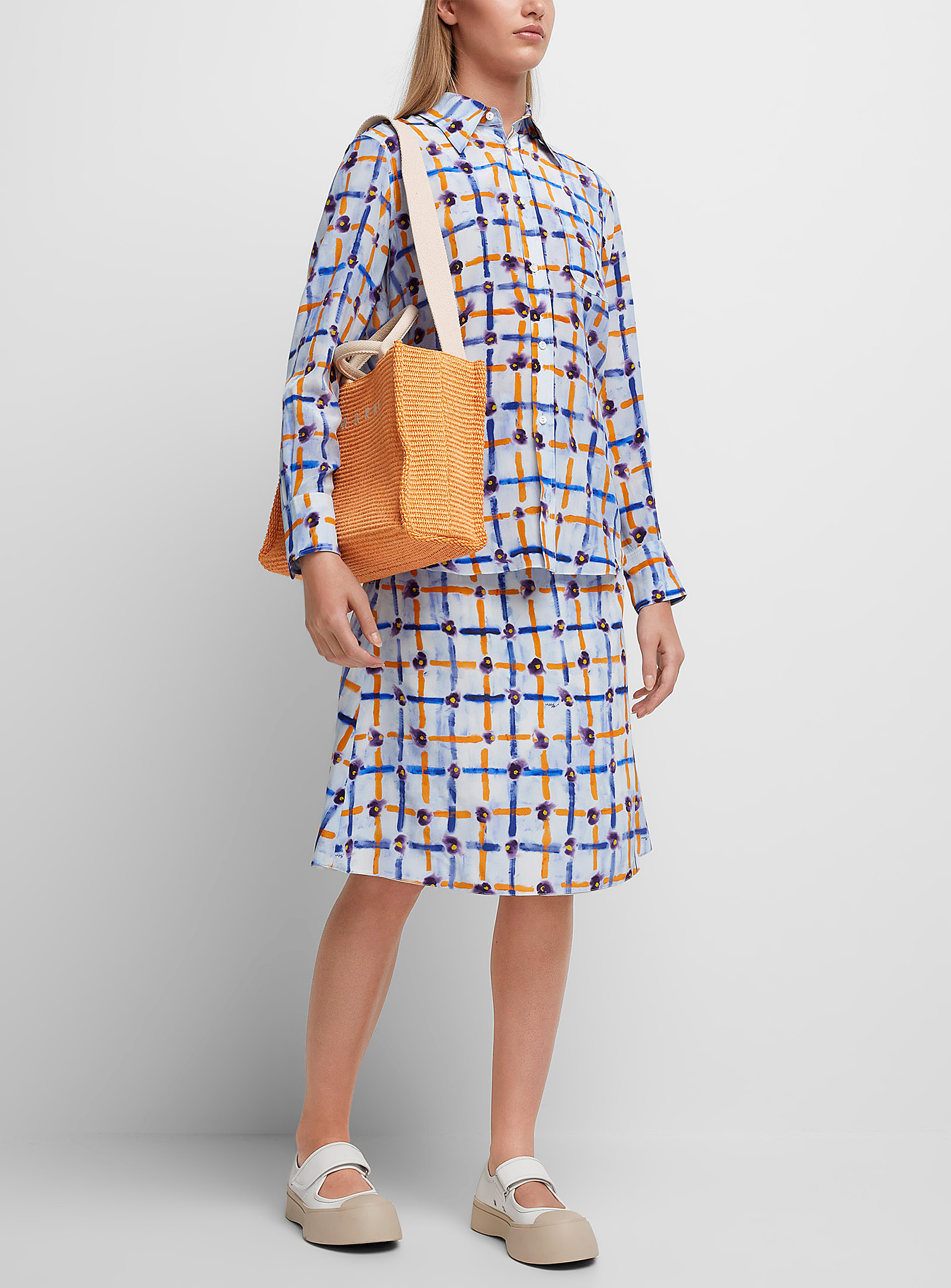 Marni Floral Checkers Pure Silk Skirt In Patterned Blue