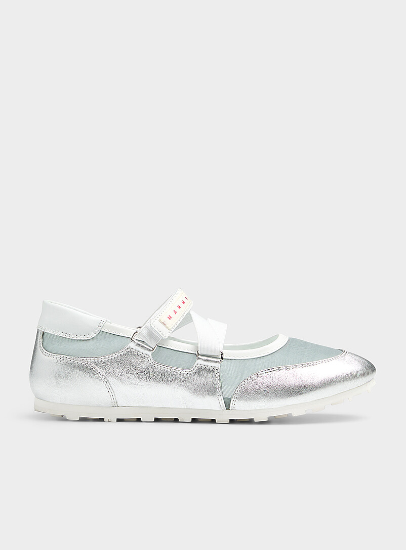 Silver Leather Soccer Ballet Flat Sneaker