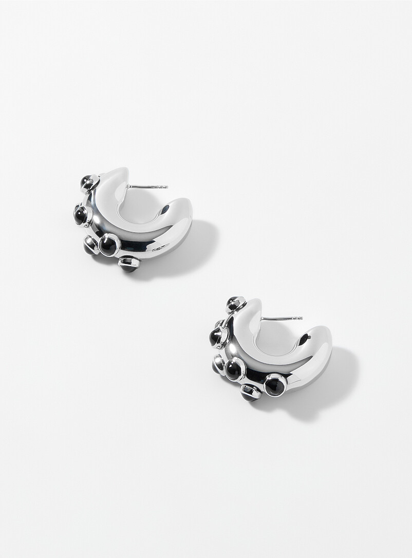 Black spheres silver hoops product image (primary)