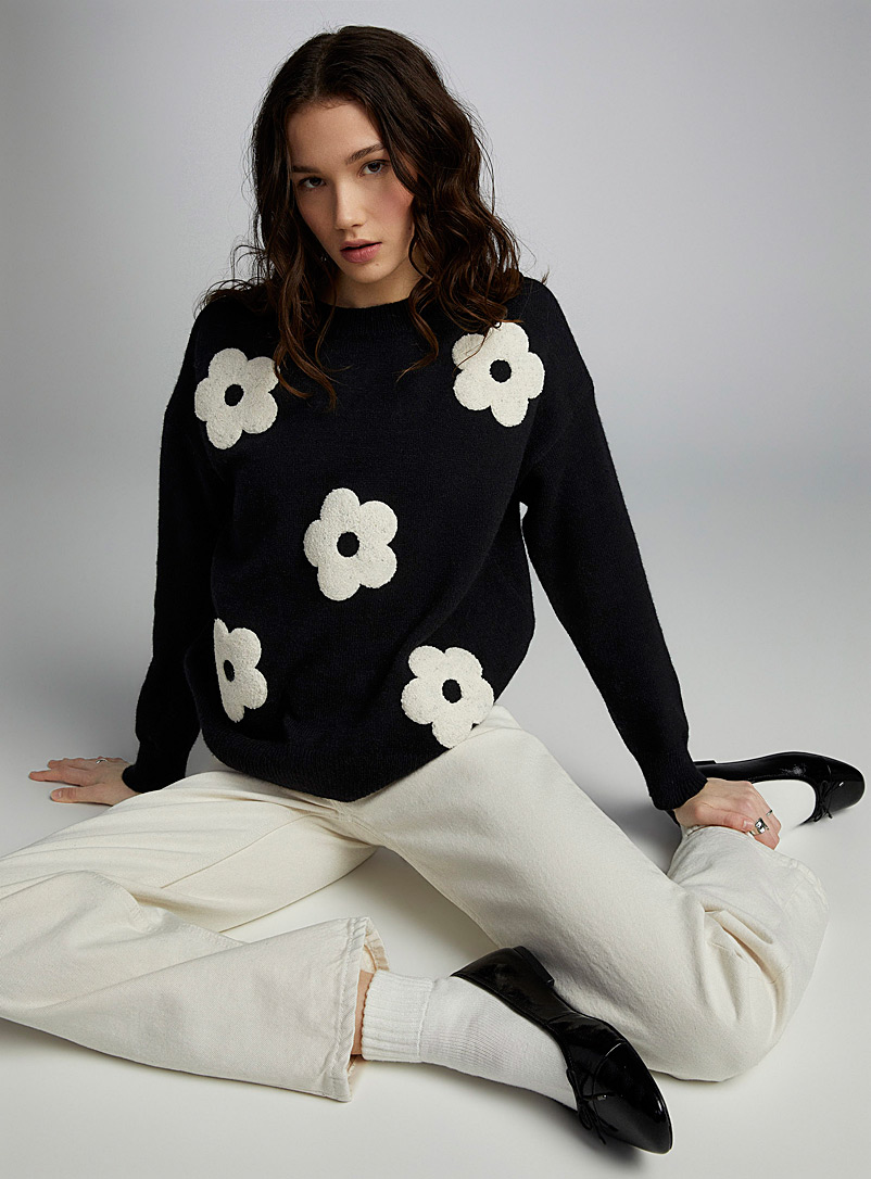 Twik Patterned Black Terry flowers sweater for women