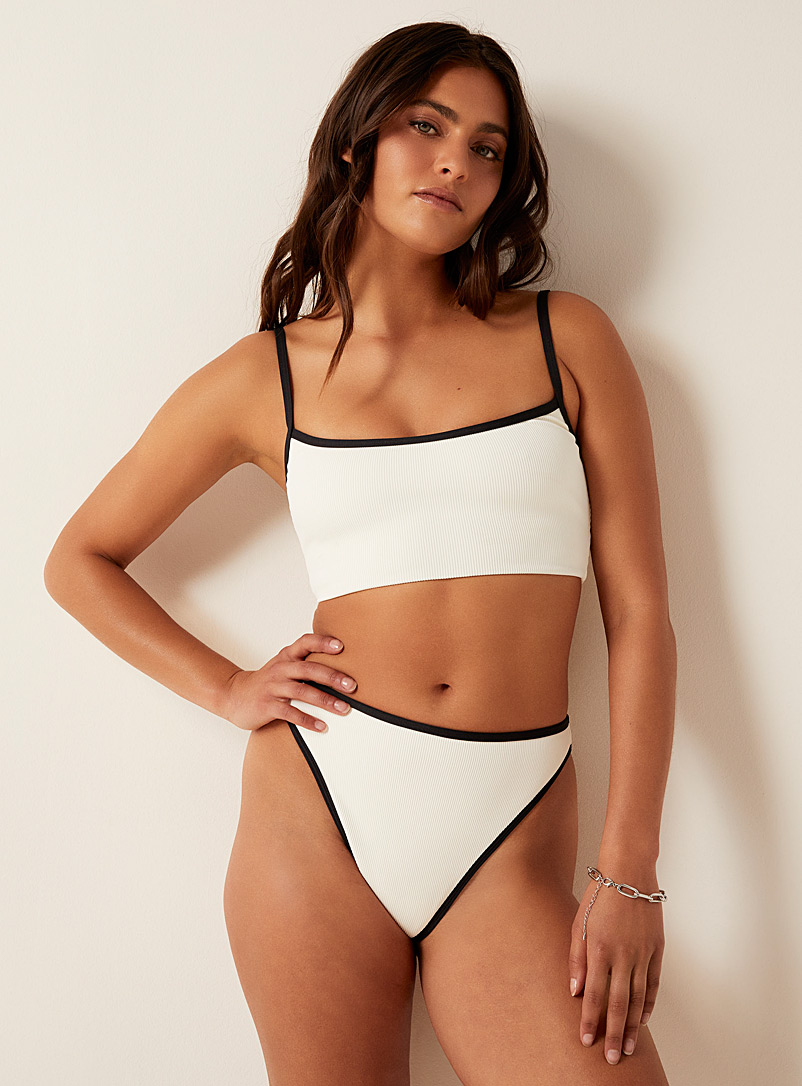 L*Space Off White Nora creamy-white black-trimmed ribbed cheeky bottom for women