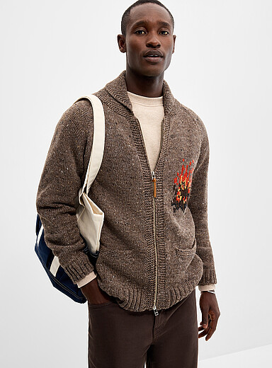 Outclass: Le cardigan zipp&eacute; jacquard des bois Brun pour homme
