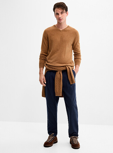 Outclass Dark Blue Herringbone weft pleated pant <b>Tapered fit</b> for men