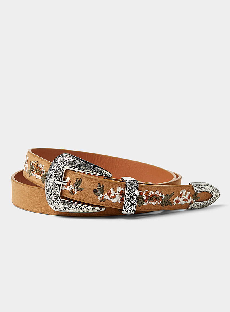 Simons Patterned Brown Floral embroidery Western belt for women