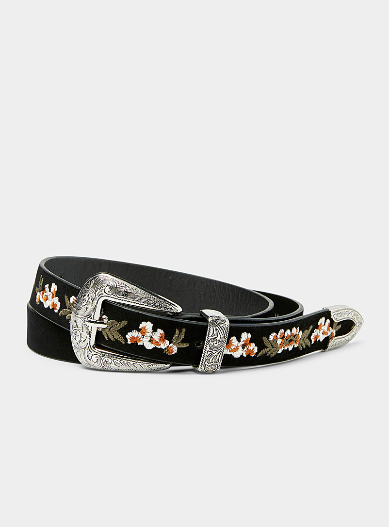 Simons Patterned Black Floral embroidery Western belt for women