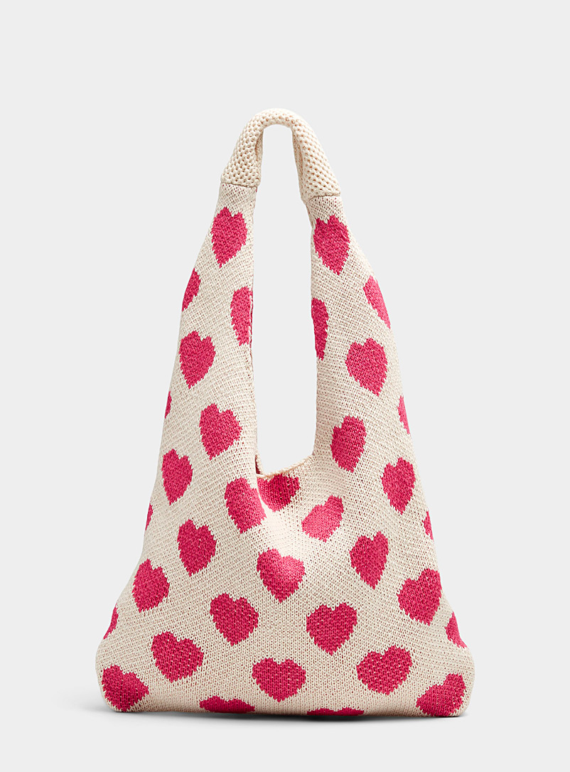 Simons Patterned Red Pink heart knit tote for women