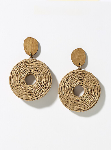 Simons Navy/Midnight Blue Round wood and raffia earrings for women