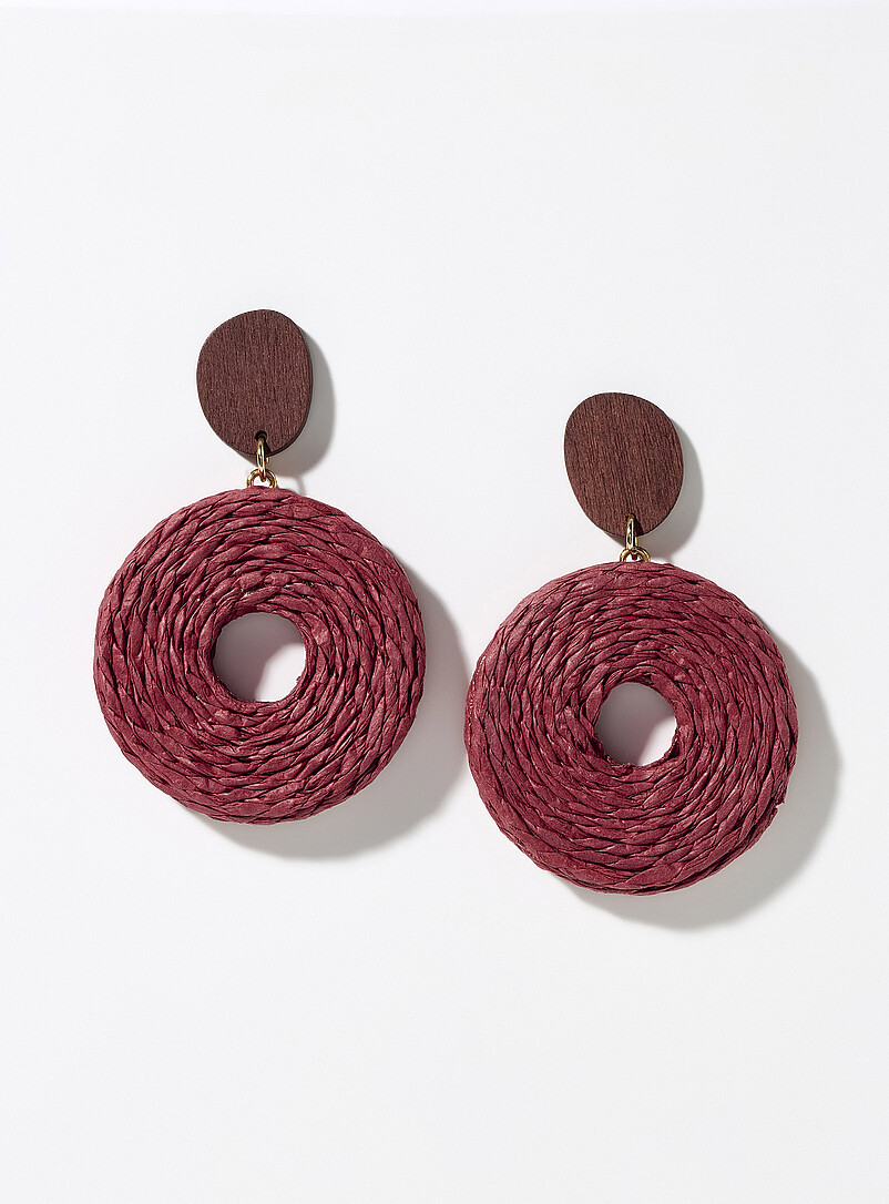 Simons Off White Round wood and raffia earrings for women
