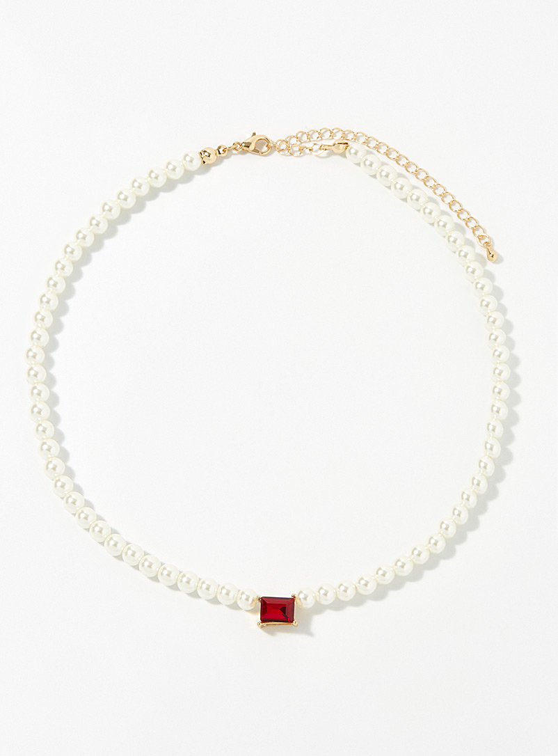 Simons Patterned Red Rectangular crystal pearl necklace for women