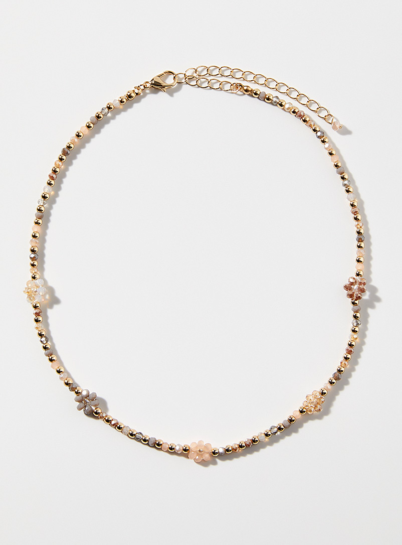 Simons Patterned Ecru Flower bead necklace for women