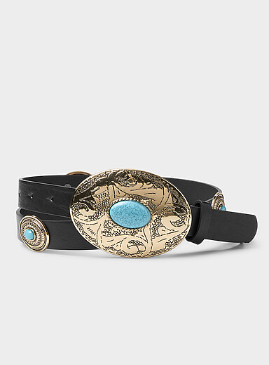 La ceinture faux cuir m&eacute;daillons et pierres turquoise
