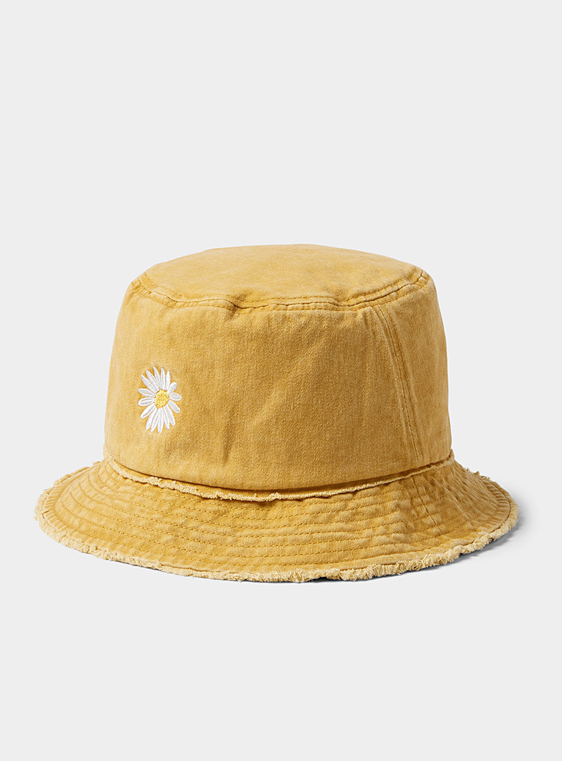 Simons Golden Yellow Embroidered daisy cotton bucket hat for women