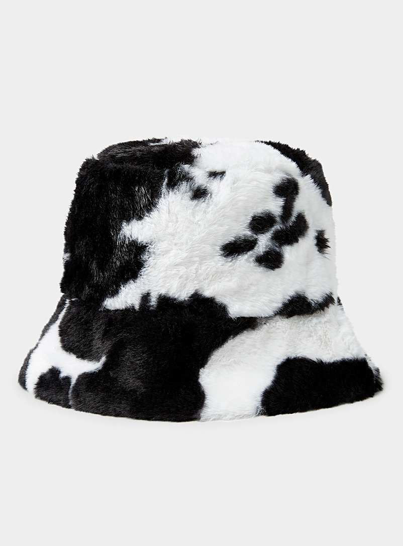 Simons Patterned Black Cow-pattern plush bucket hat for women