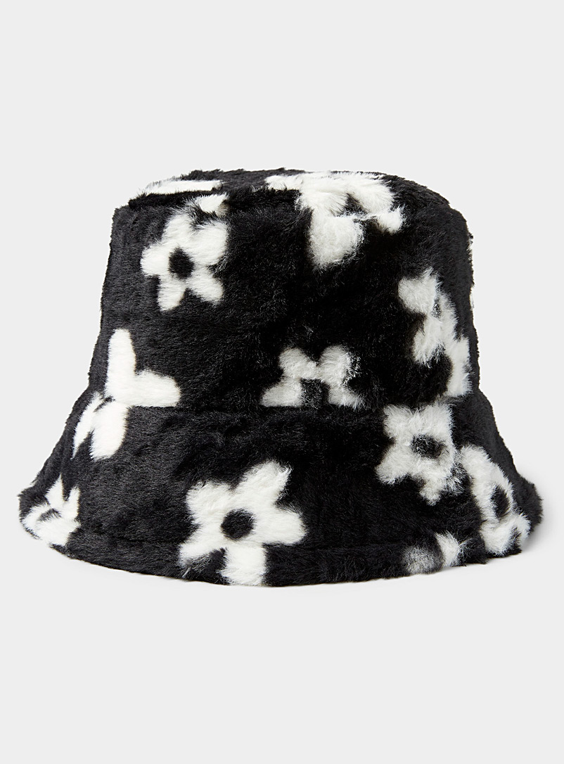 Simons Black Daisy plush bucket hat for women