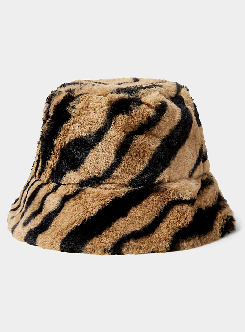 Simons Patterned Brown Tigre-pattern plush bucket hat for women
