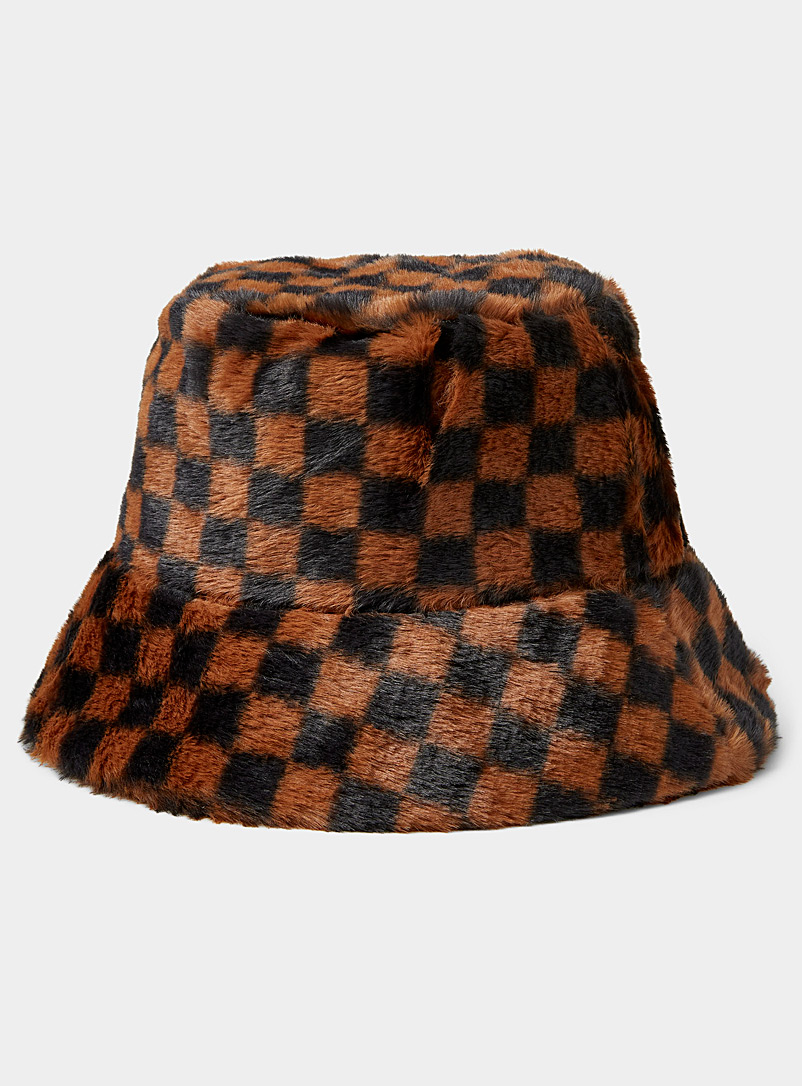 Simons Patterned Brown Plush check bucket hat for women