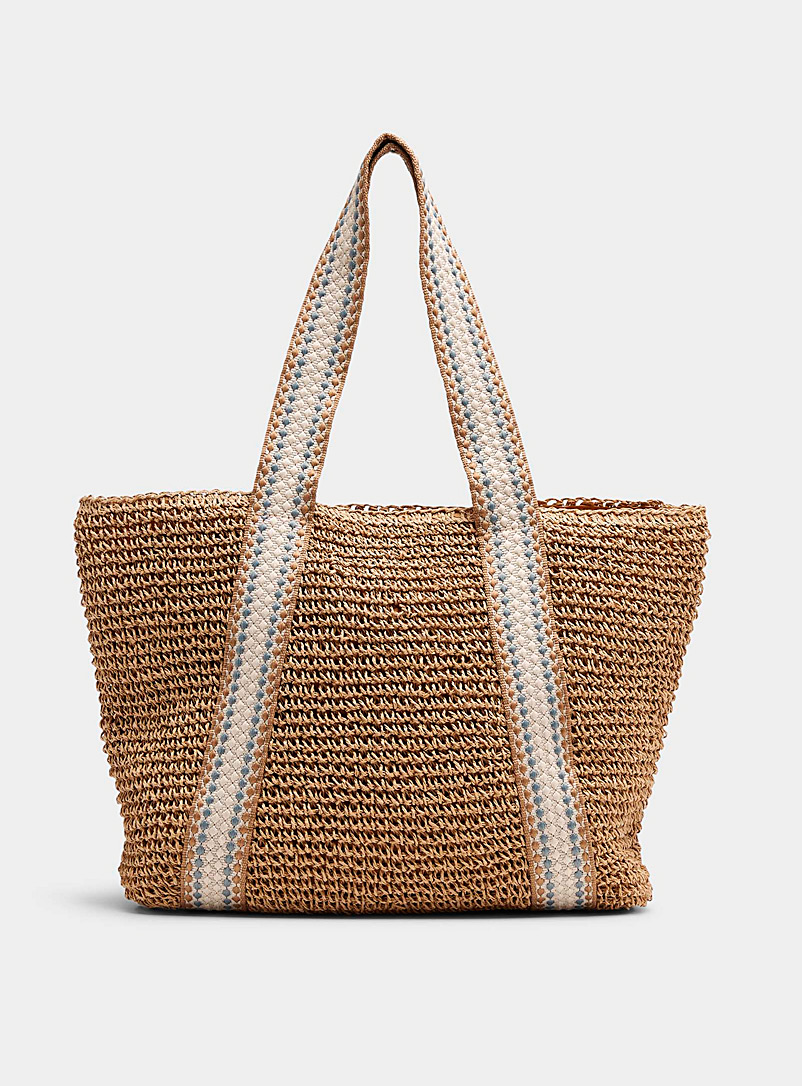 Simons Light Brown Geo handle braided straw tote for women
