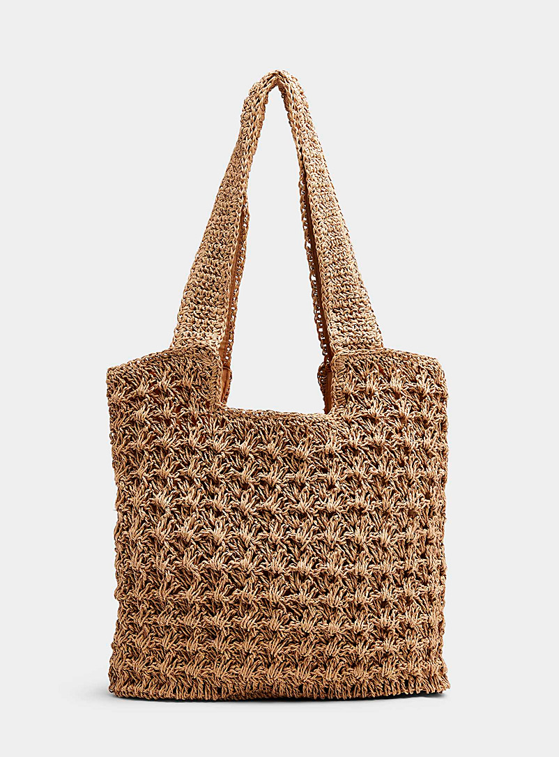 Simons Light Brown Braided straw openwork tote for women