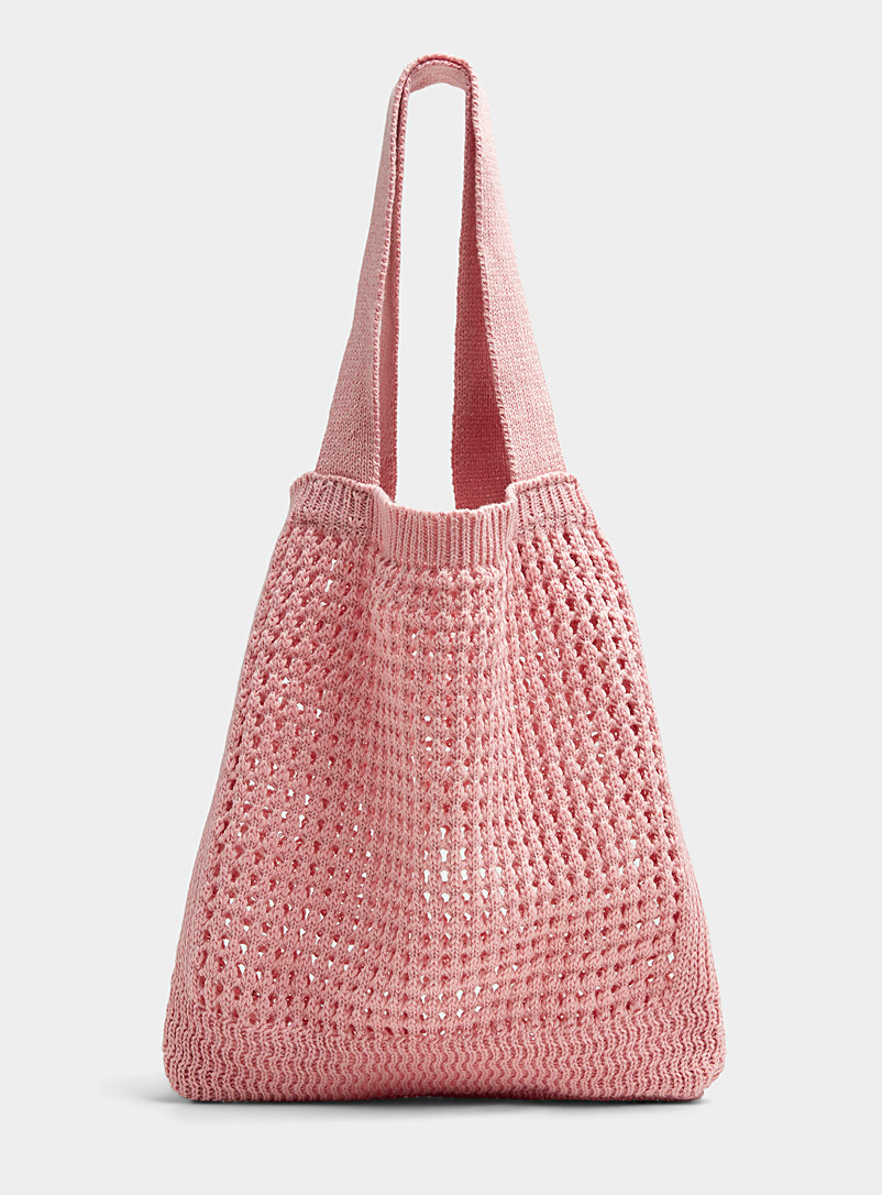 Simons Pink Solid crochet square tote for women