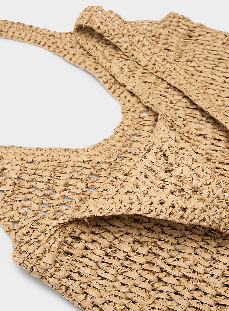Simons Light Brown XL openwork braided straw tote bag for women